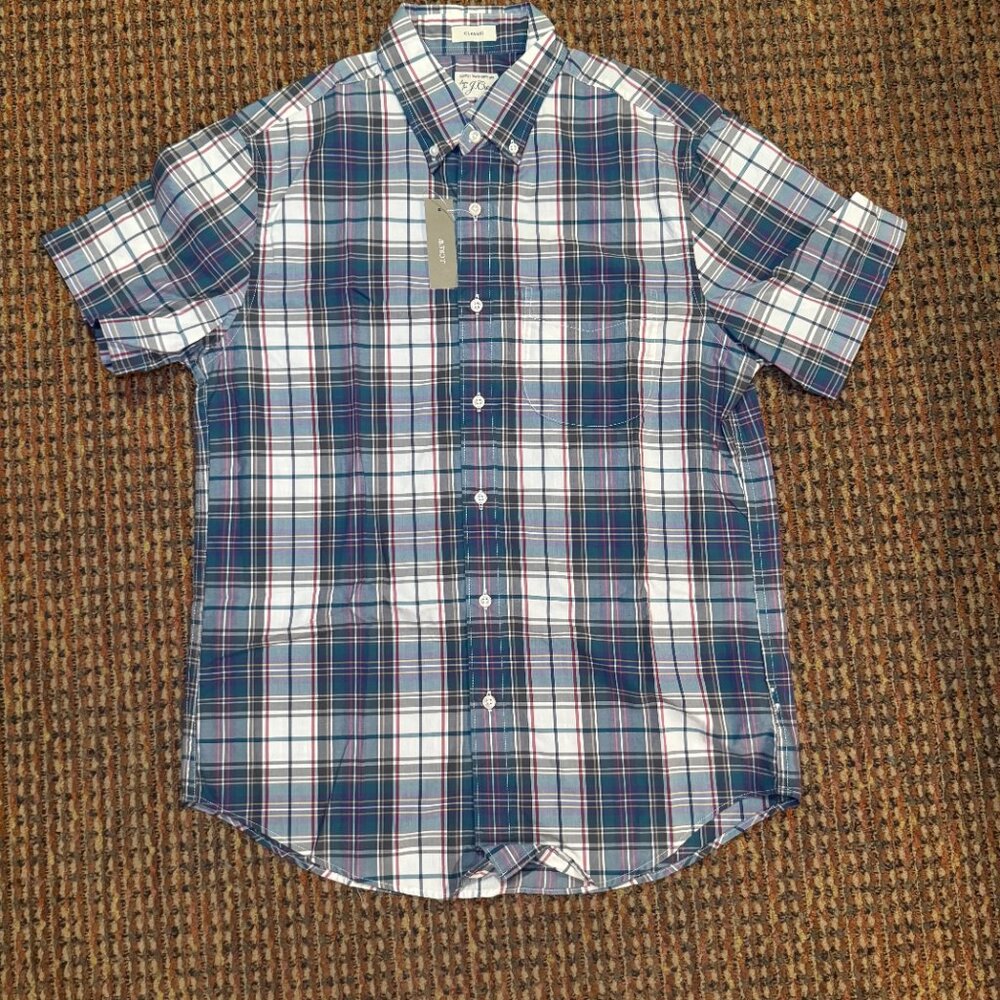 J.Crew Secret Wash Short Sleeve Plaid Shirt, Dark Green, Size L‎